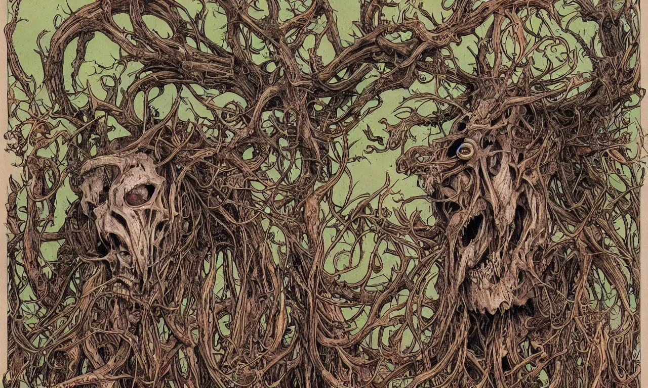 Image similar to hyperdetailed art nouveau portrait of treebeard as a cthulhu eyeball moose skull wendigo cryptid monster, by geof darrow, simon bisley and bill sienkiewicz, grim yet sparkling atmosphere, photorealism, claws, skeleton, antlers, fangs, forest, wild, bizarre, scary, lynn varley, lovern kindzierski, steve oliff