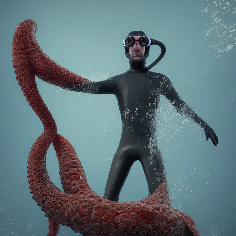 Image similar to octane render portrait by wayne barlow and carlo crivelli and glenn fabry, subject is a man in a wet suit with goggles with giant open mouth full of long red octopus tentacles, cinema 4 d, ray traced lighting, very short depth of field, bokeh