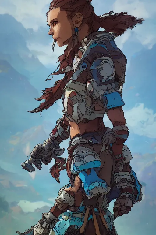 Image similar to combination suit armor aloy horizon forbidden west horizon zero dawn robot ninja mask helmet backpack tribal, art gta 5 comics, official fanart behance hd artstation by jesper ejsing, by rhads, makoto shinkai and lois van baarle, ilya kuvshinov, ossdraws radiating a glowing aura cgi rtx 2 0 2 2