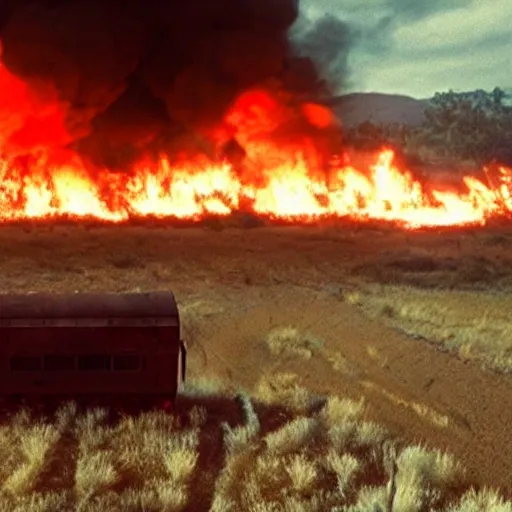 Image similar to trainwreck, boxcar on fire, atmospheric and depressed, post-apocalyptic, Cinematic, film still from a horror movie