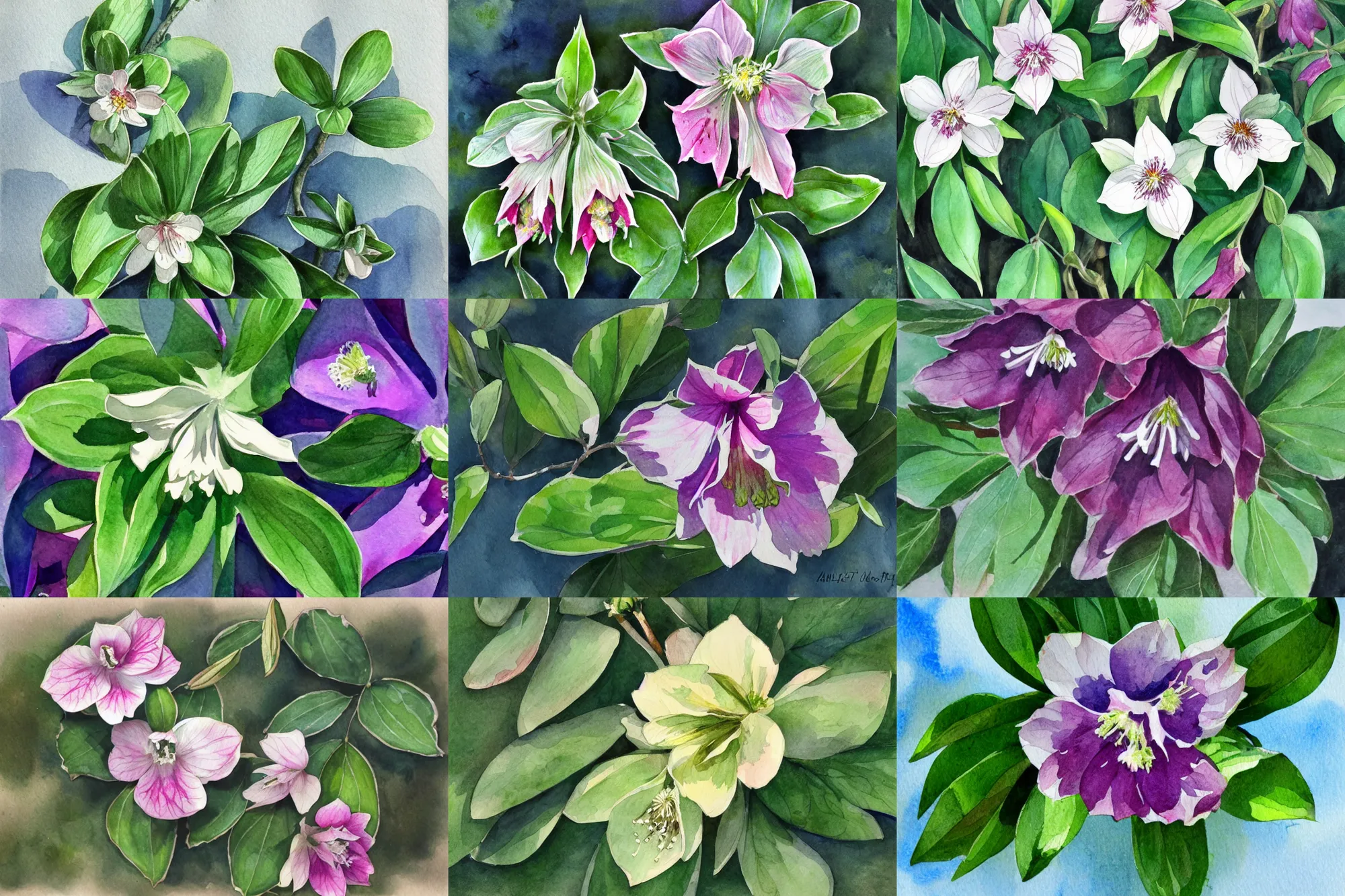 Prompt: hellebore mediterranean forest, high quality watercolors, award winning, trending on artstation