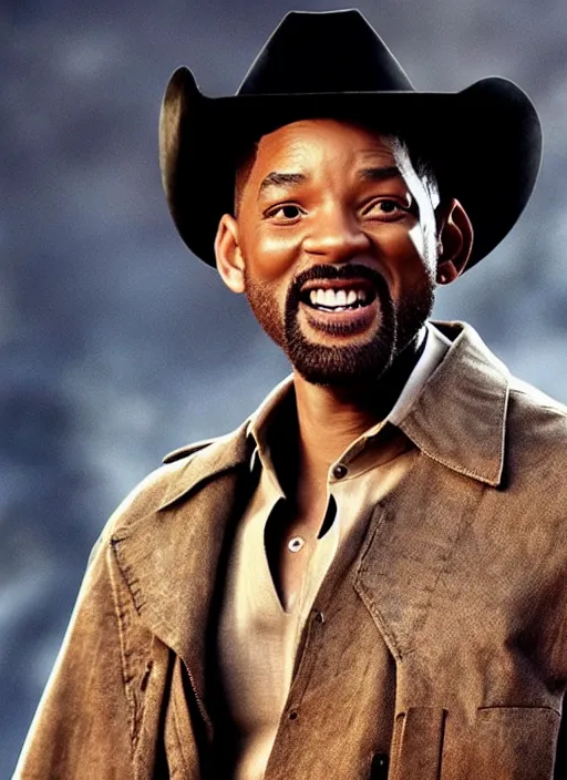 Image similar to an film still of will smith as cowboy with beard, western background, unreal engine. amazing likeness. very detailed.