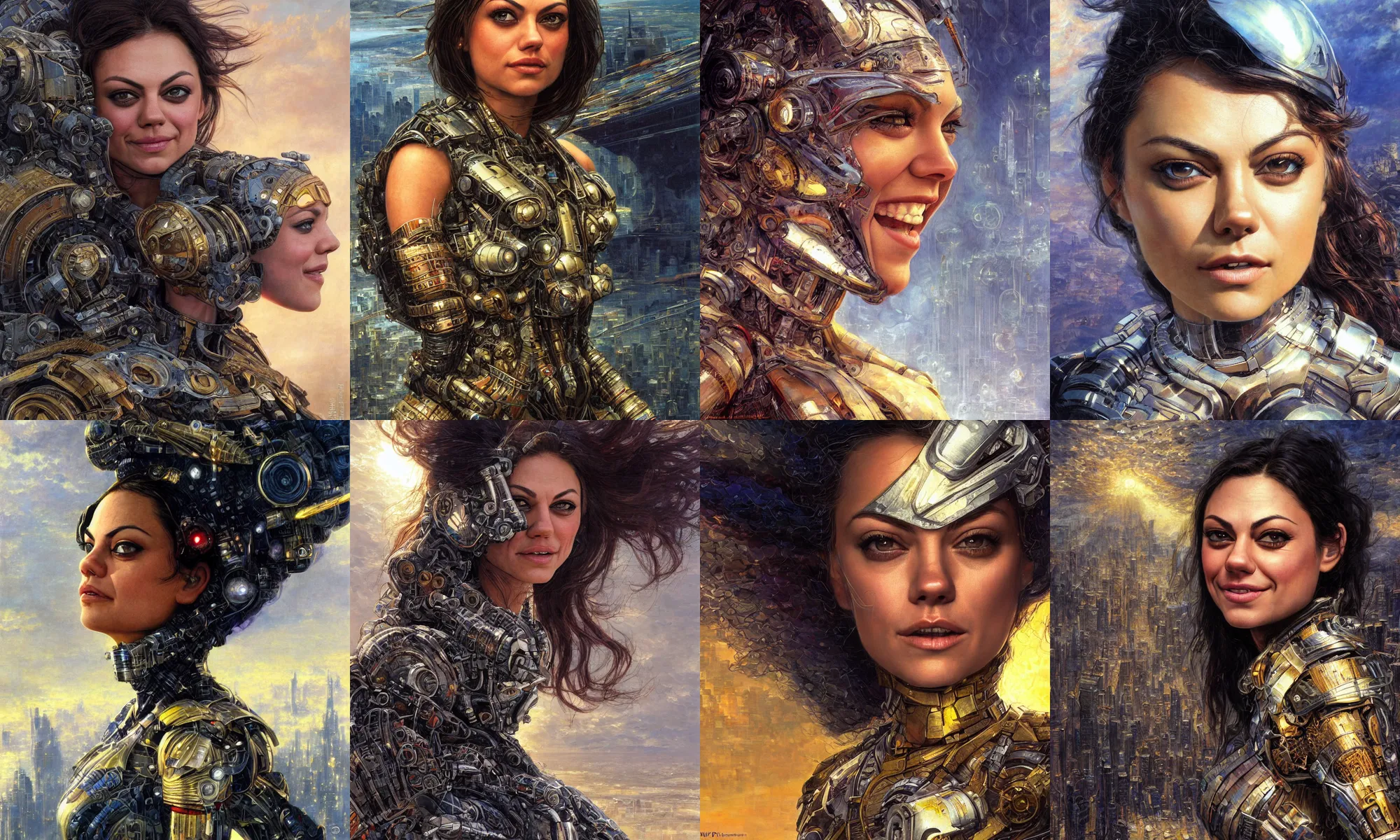 Image similar to close - up portrait of epic mila kunis smiling into camera, intricate cyborg armor, vista of futuristic city, windy, golden hour, wlop, by gerald brom, by mikhail vrubel, by peter elson, muted colors, extreme detail, trending on artstation