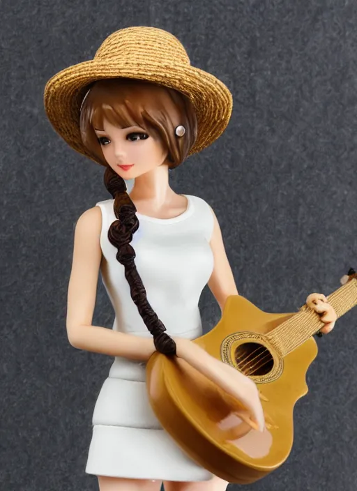 Image similar to Fine Image on the store website, eBay, Full body, 80mm resin figure of a cute girl in straw hat and white dress playing guitar, environmental light from the front