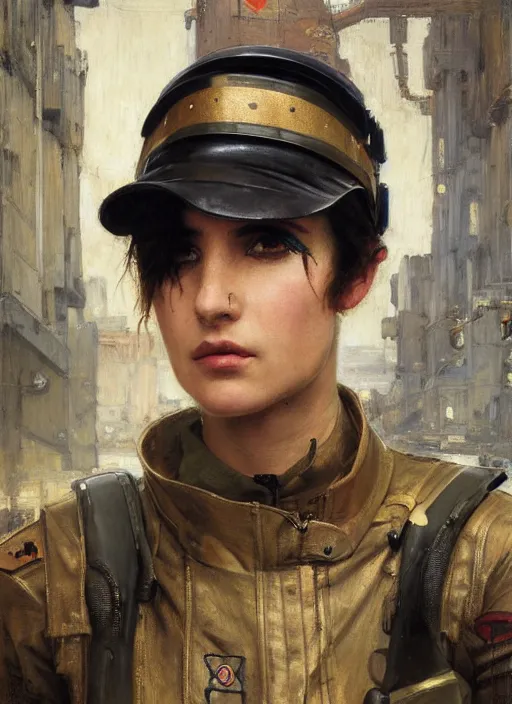 Image similar to beautiful cyberpunk pilot wearing military vest. attractive face. Iranian orientalist portrait by john william waterhouse and Edwin Longsden Long and Theodore Ralli and Nasreddine Dinet, oil on canvas. Cinematic, hyper realism, realistic proportions, dramatic lighting, high detail 4k