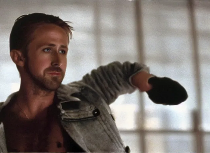 Prompt: film still of Ryan Gosling as Jack wearing feather jacket in Fight Club 1999