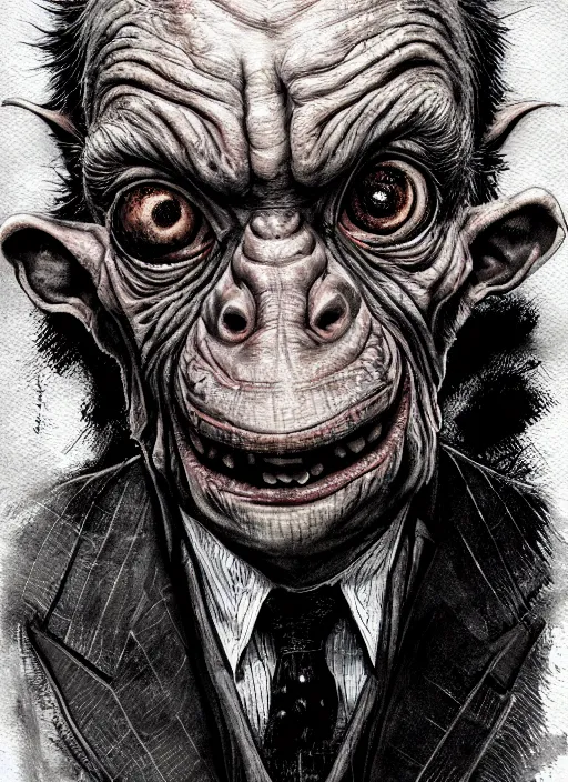 Image similar to portrait, an ugly goblin in an oversized suit and tie, watercolor, dramatic lighting, cinematic, establishing shot, extremely high detail, foto realistic, cinematic lighting, pen and ink, intricate line drawings, by Yoshitaka Amano, Ruan Jia, Kentaro Miura, Artgerm, post processed, concept art, artstation, matte painting, style by eddie mendoza, raphael lacoste, alex ross