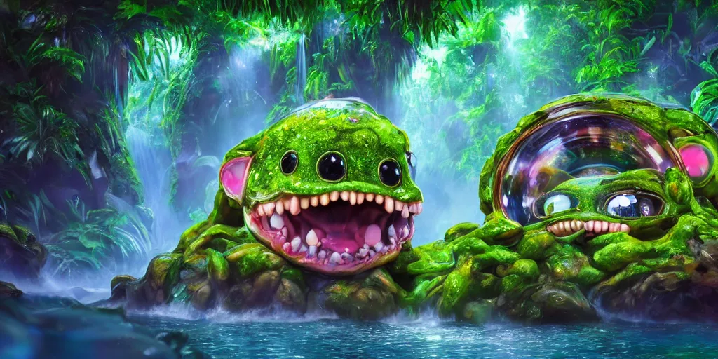 Prompt: of an intricate rainforest crystal rocky lake with strange cute goofy creatures with huge eyes, long tongue, square teeth and weird nose appearing from the water, in the style of jeff koons, macro lens, shallow depth of field, highly detailed, digital painting, trending artstation, concept art, illustration, cinematic lighting, vibrant colors, photorealism, epic, octane render