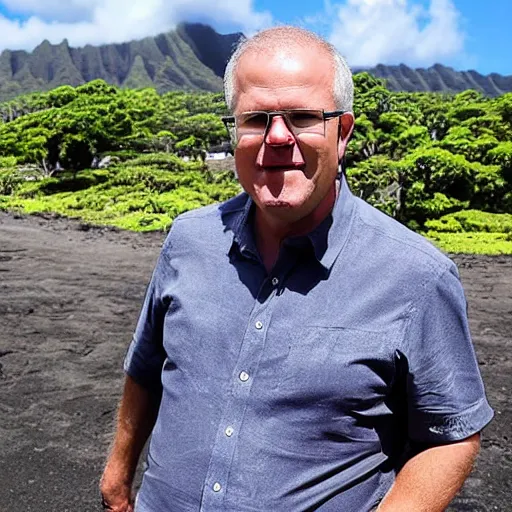 Prompt: Scott Morrison on vacation in Hawaii, apocalyptic background