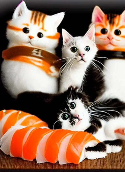 Image similar to clear photorealistic picture of adorable cats made out of sushi