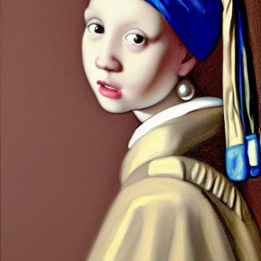 Image similar to a portrait of a young girl wearing a pearl earring. The girl is looking over her shoulder at the viewer with a sly expression on her face. naturalistic style with soft, muted colors. The girl's face is the only part of the painting that is in sharp focus. The rest of the painting is done in a soft, blurry style. The girl's face is lit from the left, creating a soft, halo-like effect around her head. The pearl earring is the only source of light in the painting. an oil tronie painting.