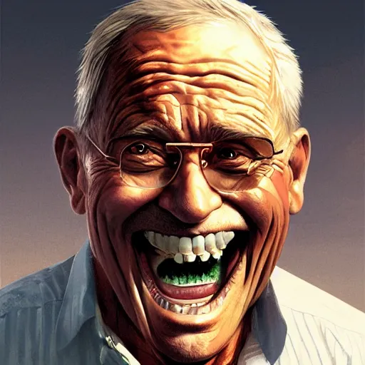 Image similar to old man portrait, face smiling, golden teeth, grenade in mouth, flat background, greg rutkowski gta san andreas art