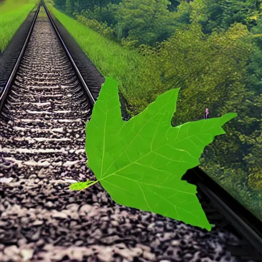 Prompt: NS train screaming in fear of a leaf that's laying on the train tracks