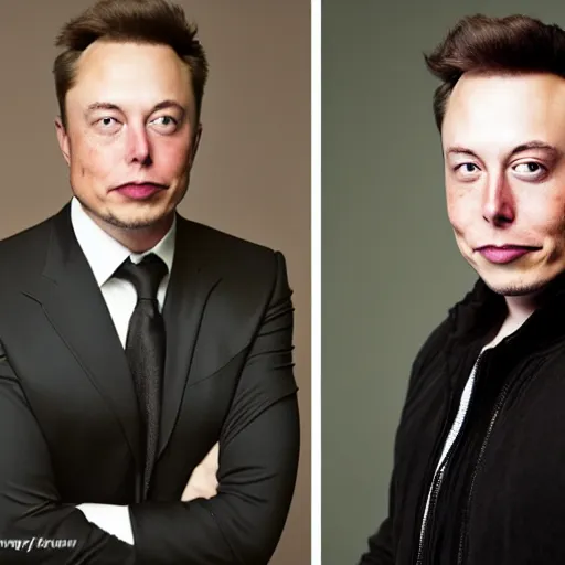 Image similar to A portrait photo of Elon Musk teams up with a teenage Elon Musk, perfect faces, 50 mm, award winning photography