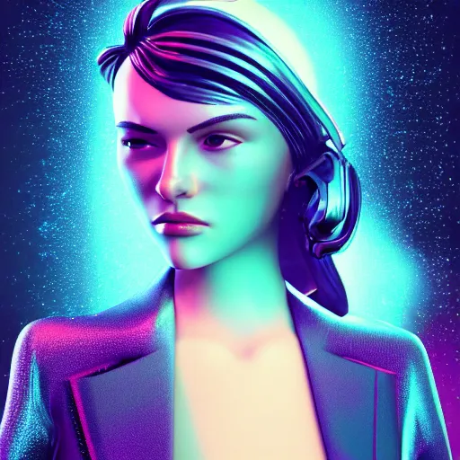 Image similar to stylish woman cartoon portrait made out of rain galaxies, pinstripe suit, cyberpunk background, octane render, unreal engine, highly detailed, trending on artstation, realistic, neon, beautiful