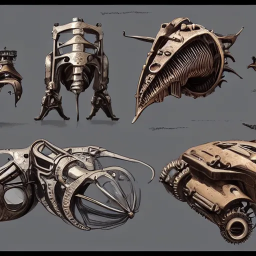 Prompt: steampunk scifi tech hardsurface shaped like a fossil, form exploration, big medium small, artstation, colored marker, syd mead, hr giger, concept art