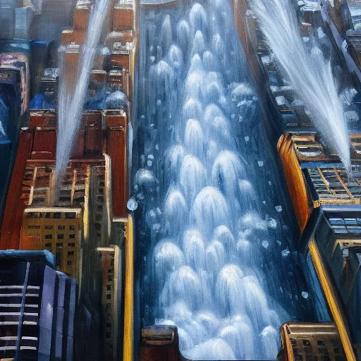 Prompt: an hyper - realist oil painting of waterfalls from the empire state building's windows, from below, wide angle, water falling from the windows, new york background, detailled, sharp focus, realistic, trending on artstation, cg society, 8 k, unreal