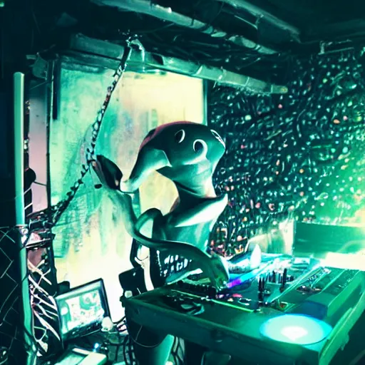 Prompt: A humanoid platypus performing a DJ set in a nightclub, underground magazine, indie culture, bright lights, crowded