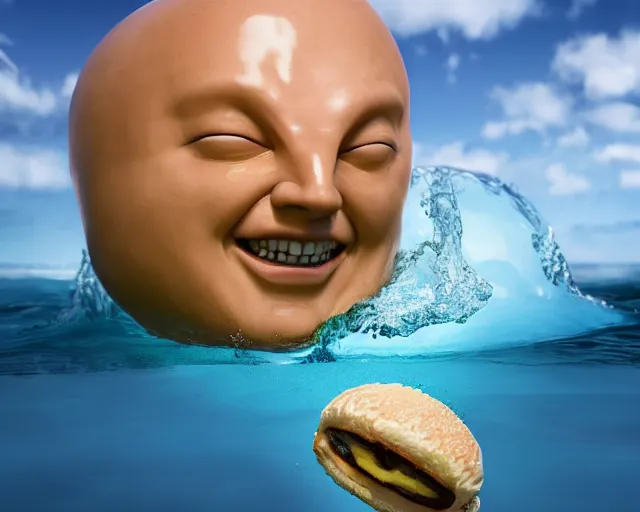 Prompt: a massive porcelain sculpture of a squashed human face in love with a giant jelly donut on the ocean water, cinematic, hyper - realistic, very detailed, realistic water splashes, ray tracing, 8 k resolution, long - shot, sharp focus, low angle, 8 5 mm photograph, wide lens