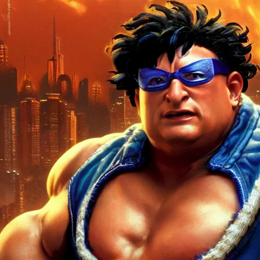 Image similar to wayne knight as e. honda street fighter, ultra realistic, concept art, intricate details, highly detailed, photorealistic, octane render, 8 k, unreal engine, art by frank frazetta, simon bisley, brom