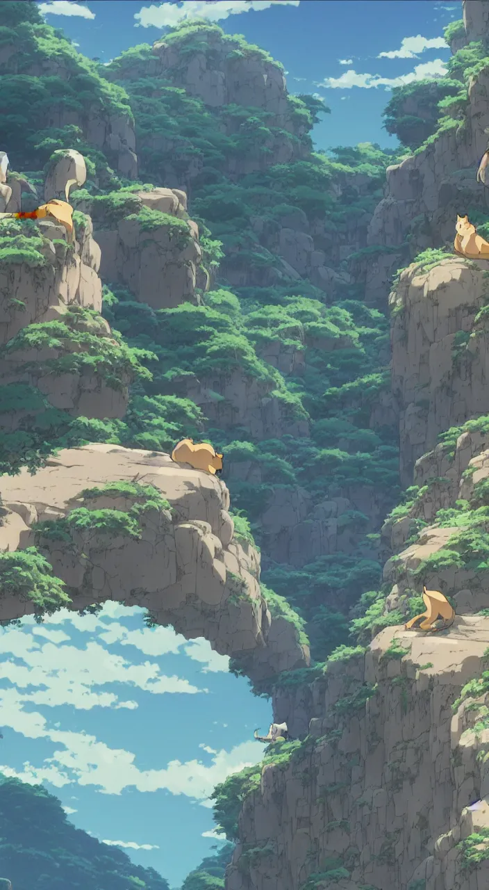 Prompt: fat cats rolling off a cliffside, screenshot from the anime film by makoto shinkai