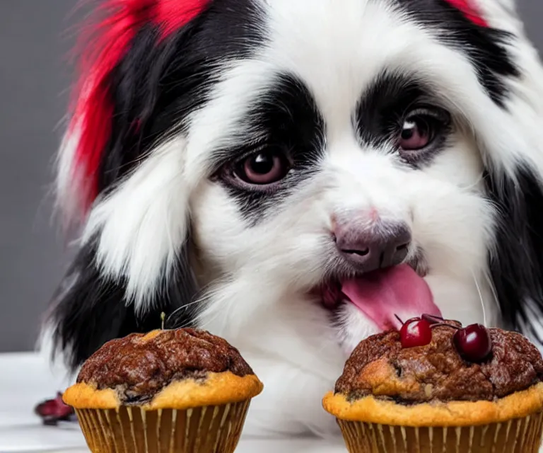 Image similar to white and black japanese chin dog eating cherry muffins