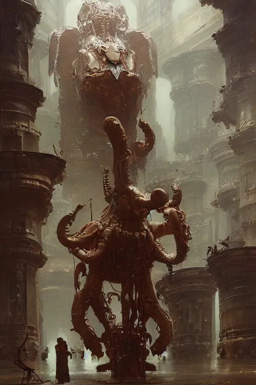 Image similar to scientists in a laboratory observe an elephantine extraterrestrial wearing armour, painted by ruan jia, raymond swanland, lawrence alma tadema, zdzislaw beksinski, norman rockwell, jack kirby, tom lovell, alex malveda, greg staples