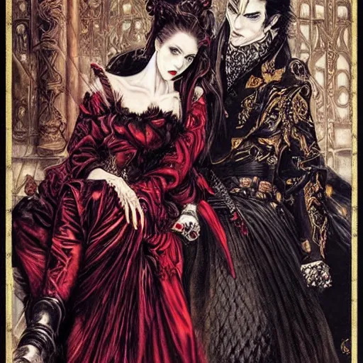 Image similar to elegant vampires, long hair, baroque, fancy clothing, striking beauty, extremely detailed, by ayami kojima