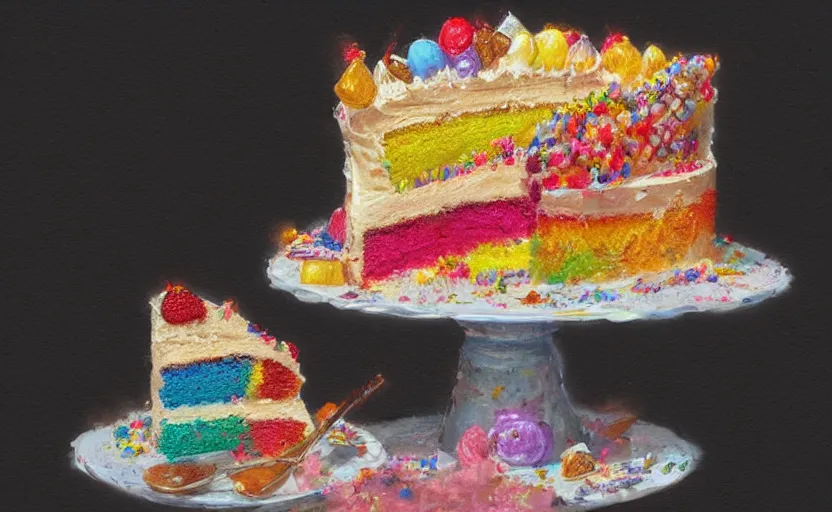 Prompt: a colorful digital painting of a cake with lots of sweets on it, by greg rutkowski and james gurney, trending on artstation