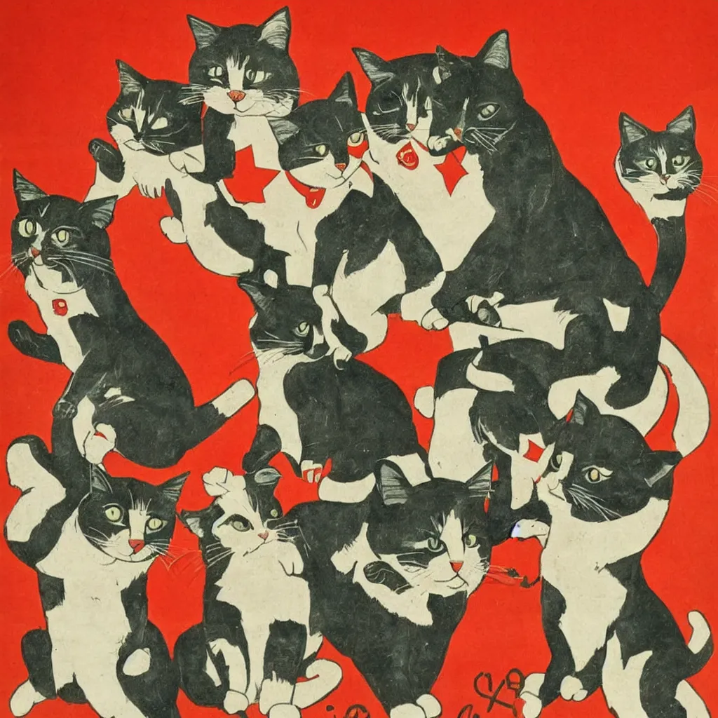 Image similar to communist propaganda poster with cats