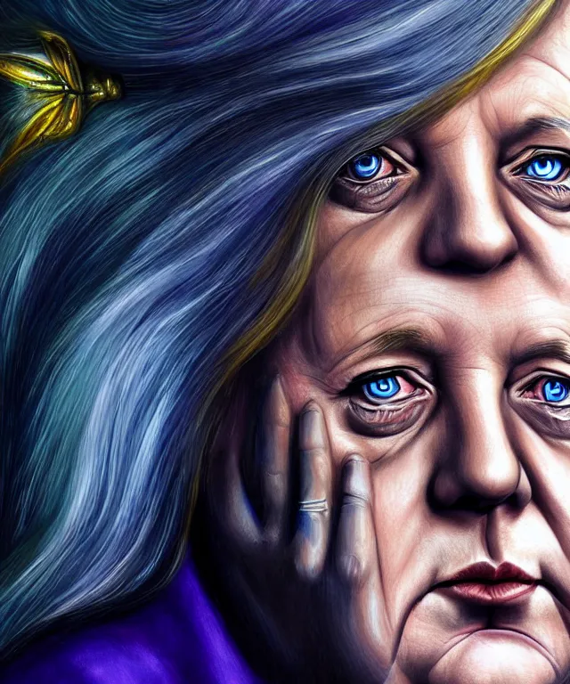 Image similar to angela merkel as a fantasy magic woman portrait, sci - fi, amber eyes, face, long hair, fantasy, intricate, elegant, highly detailed, digital painting, photo by reuters, concept art, sharp focus