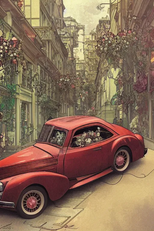 Image similar to ultra realistic illustration, old vintage car in the city with flowers blooming out the window, elegant, highly detailed, digital painting, concept art, smooth, sharp focus, illustration, art by alphonse mucha