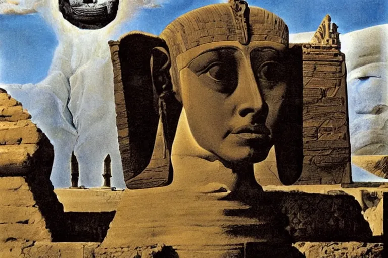 Image similar to john cleese as the sphinx, the sphinx with the head of john cleese, young john cleese's head on the sphinx, painting by salvador dali