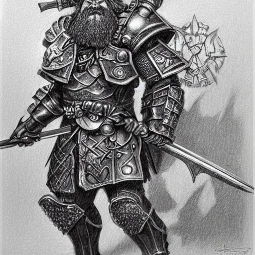 Prompt: ultra-detailed pencil sketch of a heavily armored dungeons and dragons, DnD dwarf warrior with lots of weapons and equipment by Wayne Reynolds, by Richard Whitters