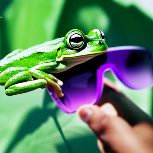 Prompt: a green frog drinking through a white bendy straw, cute. a green frog holding a purple juice box, grape - flavored. a green frog wearing a black shirt, badass. a green frog wearing white sunglasses, cool. macrophotography