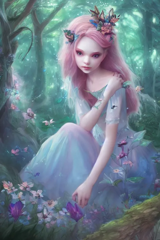 Image similar to a cute and geogerous fairy in the dreamy forest, fantasy, dreamlike, 8 k resolution, hyper detailed, d & d, character design, digital painting, trending on artstation, sharp focus, illustration, art by viktoria gavrilenko, hoang lap, fuji choko, steve zheng,