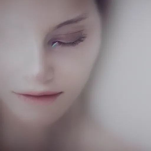 Image similar to photorealistic portrait of a beautiful young woman, very blurry, out of focus, translucent stone white skin, closed eyes, foggy, closeup