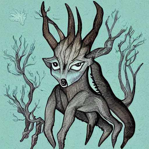 Prompt: Illustration of a fantasy forest creature against a white background