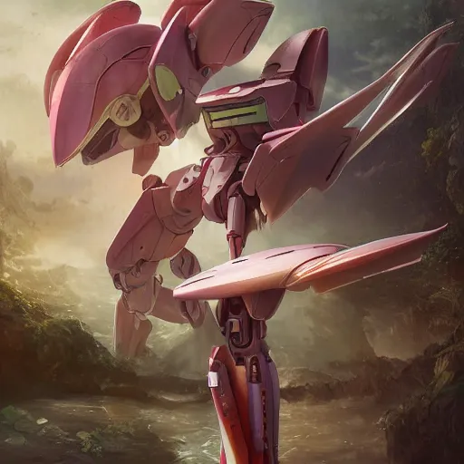 Image similar to futuristic nymphaea mecha waterlily upper body, sepals forming helmet, nymphaea, 8 k hd resolution, barbatos gundam with floral inlay, bandai box art, star wars, makoto kobayashi, frank gehry, raymond swanland