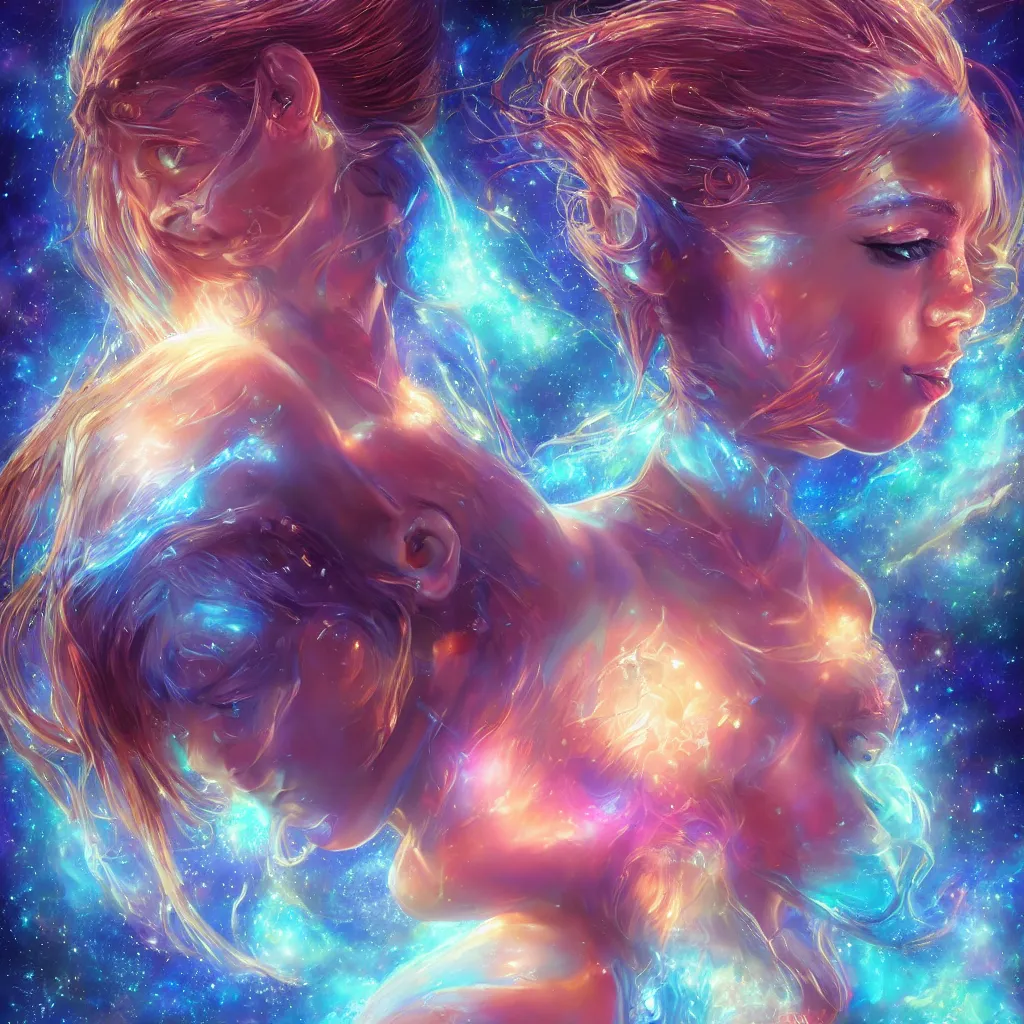 Image similar to highly detailed close up portrait of a celestial girl with a body made of cosmic energy, character art, studio lightning, bright colors, intricate, masterpiece, photorealistic, hiperrealistic, sharp focus, high contrast, Artstation HQ, DeviantArt trending, 4k UHD, Unreal Engine 5