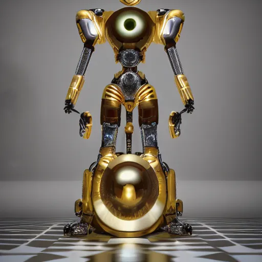 Image similar to octane render, a complex high poly cinematic 3 d model of a giant robotic android woman made out of white porcelain with complex golden inlays, jewel tone glowing eyes, fiber optic hair, inside a black and gold rococo palace, 8 k, unreal enging, cinema 4 d, cinematic angle