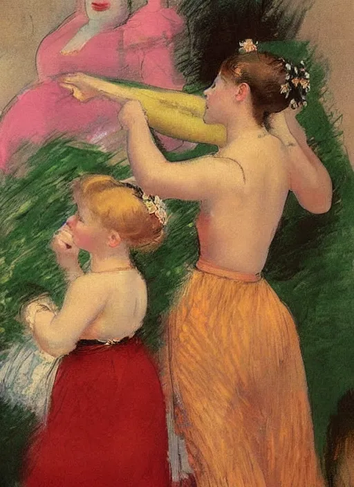 Prompt: vintage beautiful painting of a woman dancing with 2 big pears in Mary Cassatt style