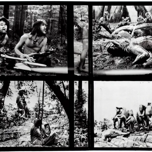 Image similar to kodak 2 0 mm, photo, neanderthal people eating sushi, surrounded by dinosaurs!, gigantic forest trees, sitting on rocks, bonfire, close up camera on bonfire level