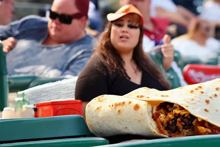 Image similar to obese woman eating a giant burrito sitting at a baseball game, photograph,