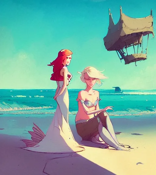 Prompt: a princess and a mermaid on the beautiful beach by atey ghailan, by greg rutkowski, by greg tocchini, by james gilleard, by joe fenton, by kaethe butcher, dynamic lighting, gradient light blue, brown, blonde cream and white color scheme, grunge aesthetic