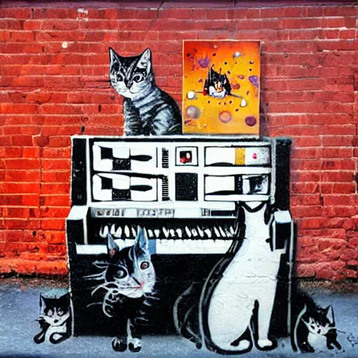 Image similar to Street-art painting of cats on synthesizer in space, style of Banksy, photorealism