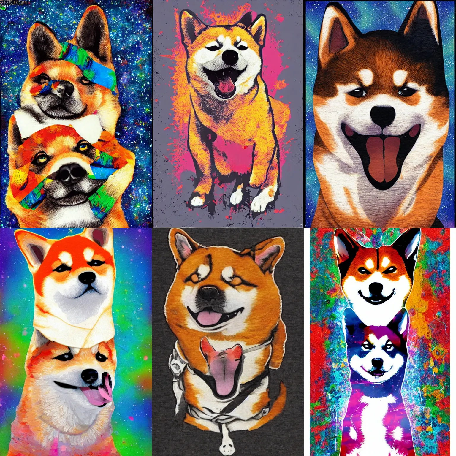 Prompt: Shiba Inu Derp, in the style of a jimmy hendrix poster