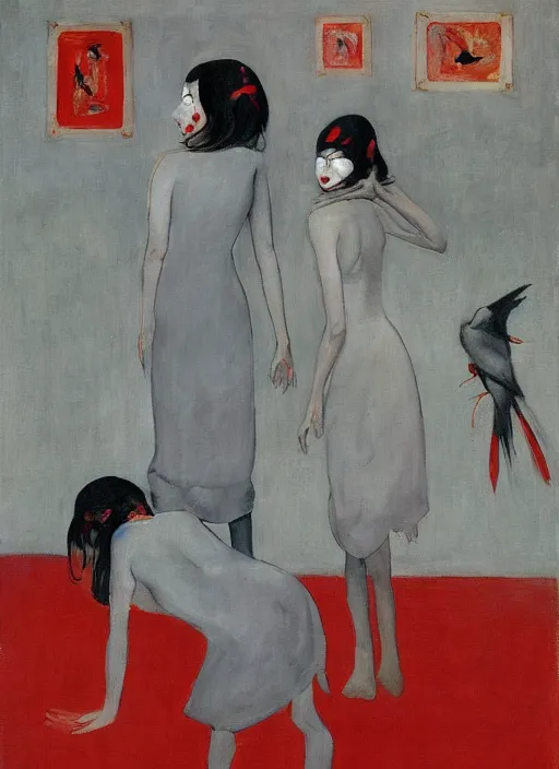 Image similar to a painting of gorgeous asian student girls with frozen cold stare, blood red background, transparent gray dresses, crows flying with red eyes trapped in the void as a symbol of death, in style of Edward Hopper, John Singer Sargant, Chaim Soutine, surrealism of Francis Bacon, American Gothic, 8k, ultradetailed