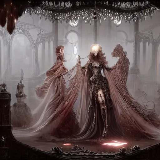 Image similar to female gothic robots with heart organ, dressed in white intricate baroque lace, veils and jewels, epic environment, matte painting, diffused lighting, highly detailed, cinematic, epic atmosphere, digital art, trending on artstation, wide angle