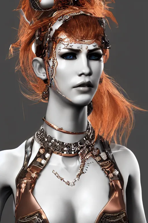 Image similar to white cyborg fashion shot, maasai warriors, copper spiral hair decorations, white elegant baroque design, pretty face, punk hair, photorealistic, 8k, hyper detailed, unreal engine, trending on artstation,